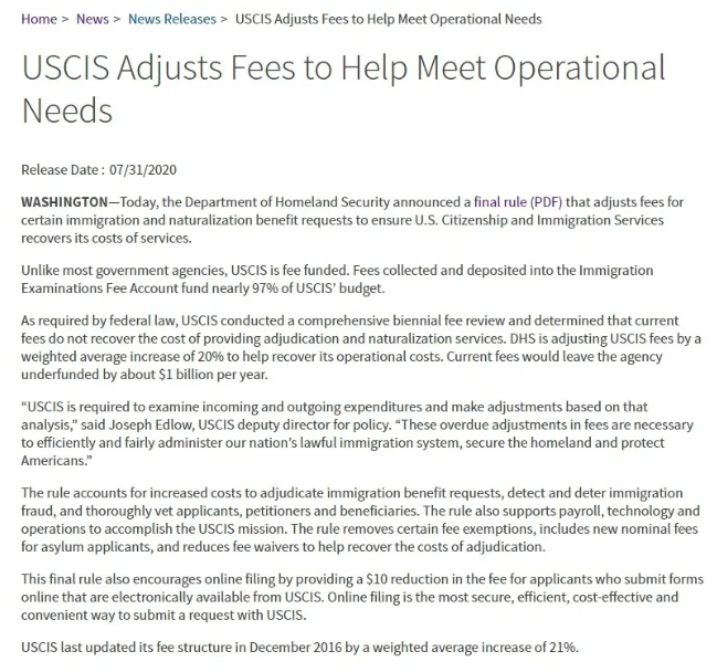 10月起美国移民申请费又涨价了
