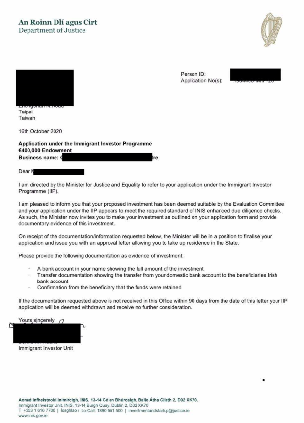 恭喜X女士收到爱尔兰司法部签发的批准信
