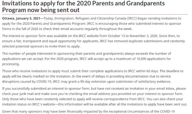 1月5日加拿大进行父母与祖父母团聚移民抽签